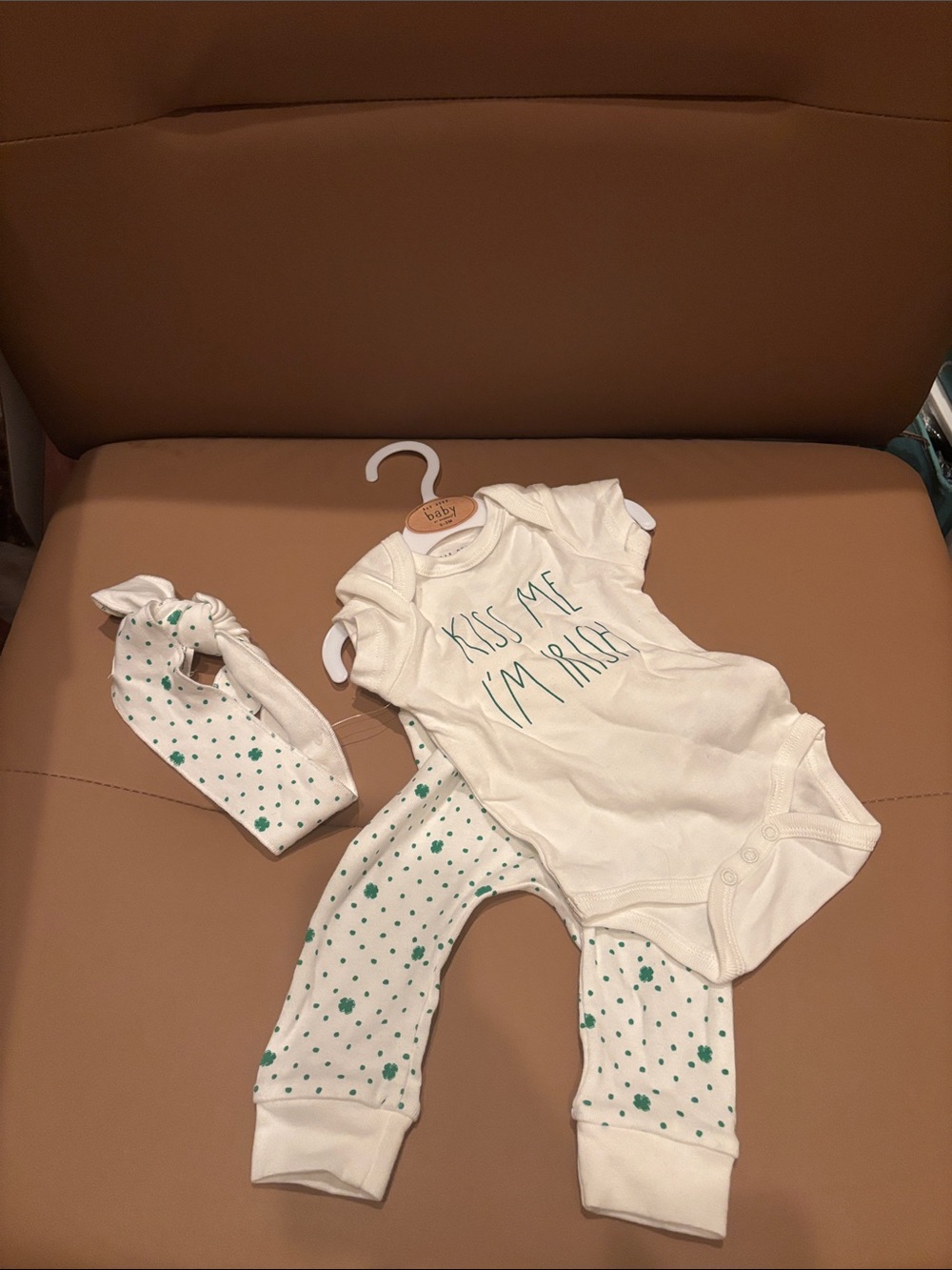 Baby Kiss Me I’m Irish Bodysuit, Pants & Headband Set Green Dots and Shamrocks